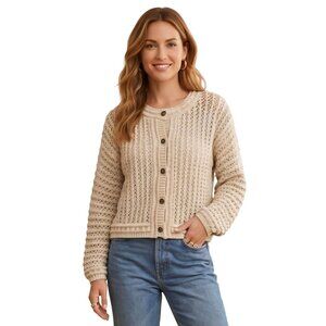 Rachel Zoe Open-Knit Gold Metallic Beige Ornate Button Cardigan Sweater Size L